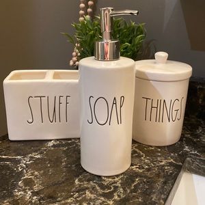 Rae Dunn Bathroom Set - Soap Pump, Container and Tooth brush Holder